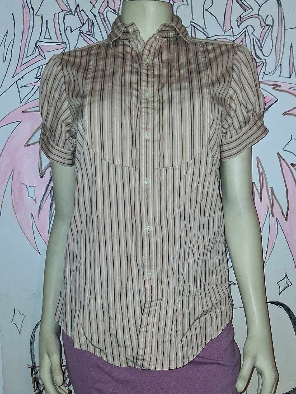 Ralph Lauren Brown and Beige Striped Short Sleeve Blouse